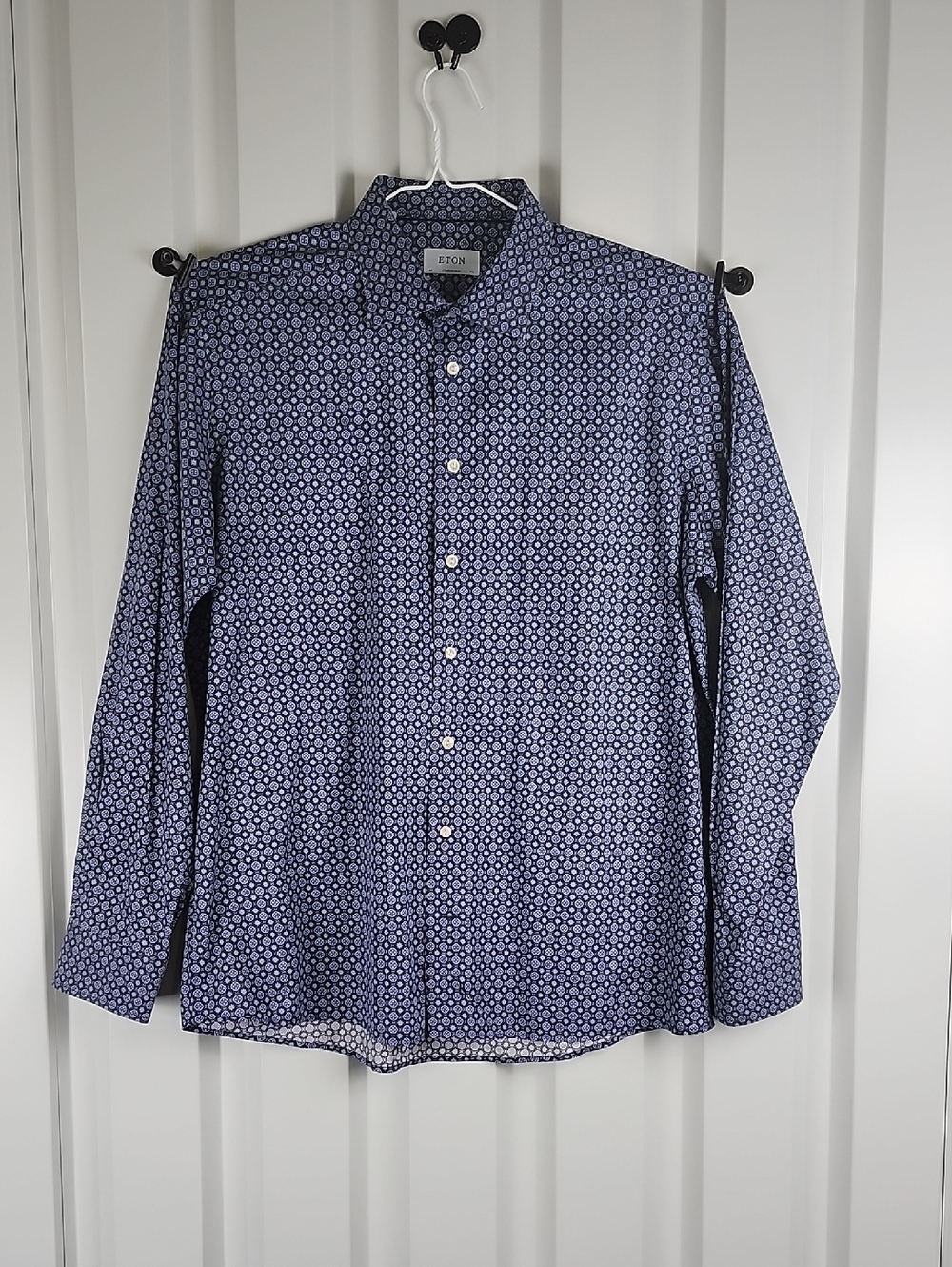 Eton Mens Contemprary Fit Blue Geo Pattern Cotton Twill Dress Shirt Size 44 17.5